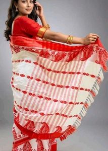 Elegant White &amp; Red Printed Saree