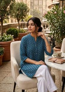 Blue Printed Short Kurta