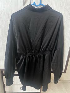 Chic Black Satin Shirt with Gold Chain Detail