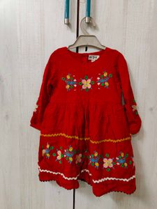 Red Cotton Frock With Embroidery