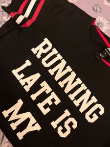 Sporty Varsity Black Shift Midi T-Shirt Dress