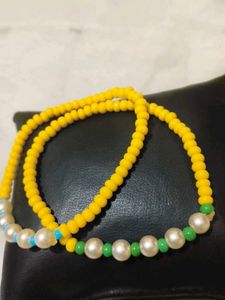 Yellow Beaded Necklace with white Pearls