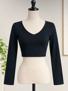 Black V-Neck Cropped Long Sleeve Top