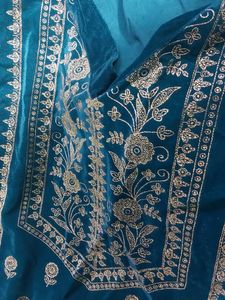 Teal Velvet Kurta with Gold print