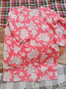 Pink Floral Short Kurta Lace Neckline (S size