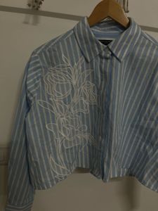 FRENCH CONNECTION Blue Stripe Crop Shirt