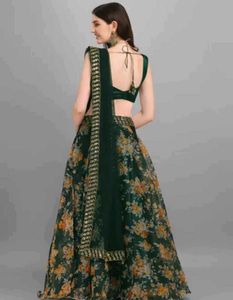 Elegant Floral Print Green Lehenga Set