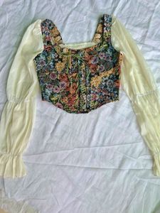 Floral Lace-up Corset Style Puff Full Sleeve Top