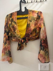 SASSAFRAS Chic Floral Tie-Front Cropped Blouse