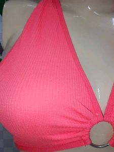 (1013)Bright Pink Ring Detail Halter Bikini Top