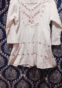 Embroidered White Cotton Kurta Frock