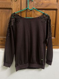 Brown Lace Shoulder Sweatshirt