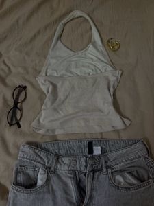 Cream Halter Neck Top &amp; Grey Jeans