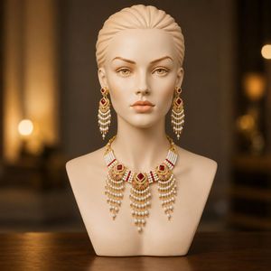 Elegant Pearl &amp; Ruby Necklace &amp; Earrings Set