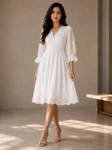 Chic White Broderie Anglaise Midi Dress