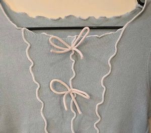 🌸 Pastel Blue Ribbed Coquette Crop Top 🎀