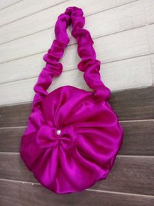 Fuchsia Satin Round Bag with Pearl Accent