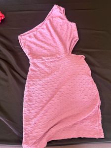 Pink One-Shoulder Textured Wrap Dress