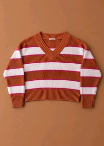 RUST &amp; WHITE STRIPED V-NECK SWEATER