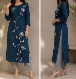 Elegant Teal Kurta Set with Floral Embroidery