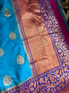 Vibrant Blue Silk Saree with Pink Border