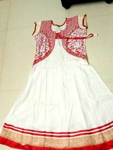 White & Red Embroidered Anarkali Dress
