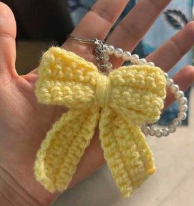Crocheted Bow Keychain with Pearls