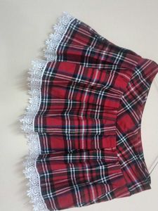Red Plaid Mini Skirt with Lace Trim and top