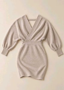 TAUPE WRAP DRESS WITH BATWING SLEEVES
