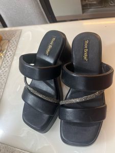 Black Platform Block Heels with Rhinestone Straps