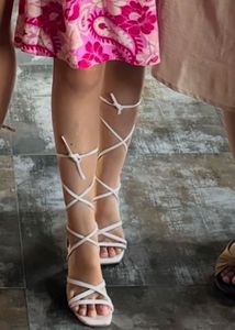 Strappy Knee-High White Sandals