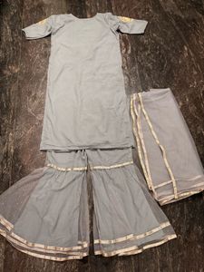 Offer! Elegant Grey Kurta Set with Golden Embelli