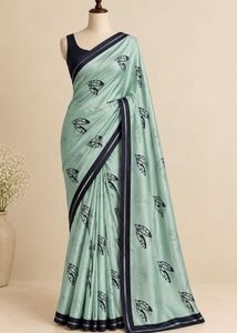 Satin Light Green Saree with Leaf Print