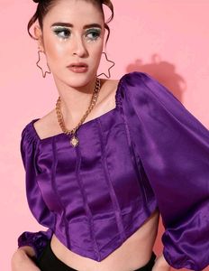 Purple Satin Corset Top with Puff Sleeves
