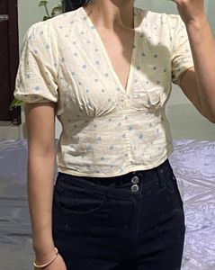 Butter Yellow Polka Dot V-Neck Top