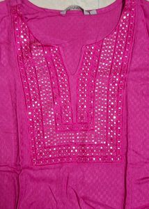 Vibrant Pink Kurta with Embellished Neckline