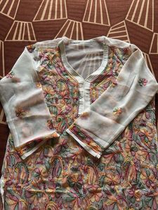 White Multi Colour Embroidered Georgette Kurta