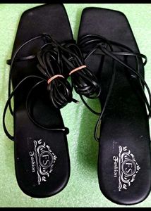 Strappy Black Tie-Up Block Heel Sandals