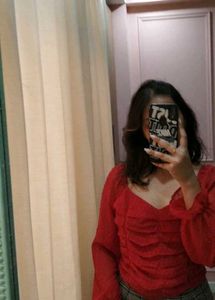 Red Sheer Ruffle Long-Sleeve top