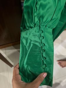Emerald Green Satin Puff Sleeve Dress