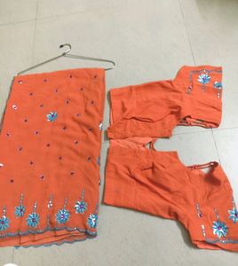 🧡💙Orange Blue &amp; 💕 Pink Tikka Work Saree 🧡💙