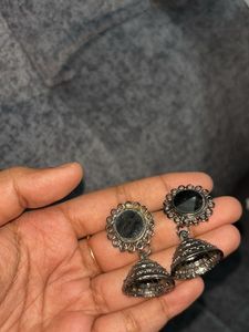 Elegant Oxidised Silver Jhumka Earrings with Mirro