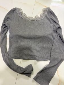 💕🌟Grey ribbed knit long sleeves top and Denim sh