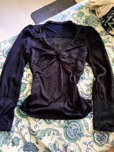 Elegant navy blue Sheer Sleeve Top
