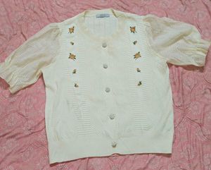 Chic Cream Floral Puff Sleeve Knit Cardigan