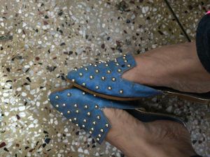 Studded Party Wear Blue Slip-On Flats In 39 Number