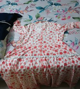 White Kurta with Pink Floral Print and legging