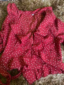 Red Polka Dot Ruffle Wrap Crop Top