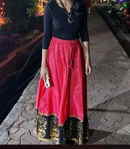 Vibrant Pink Ethnic Skirt with Black Border