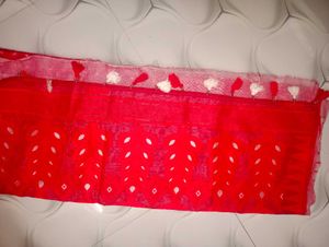 Vibrant Red Cotton Saree with White Motifs
